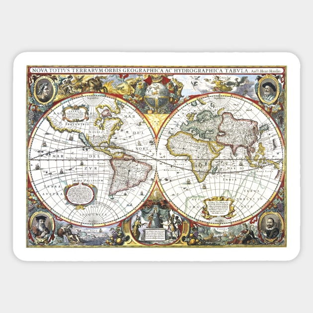 Antique Old World Double Hemisphere Map by Hendrik Hondius, 1630 Sticker by MasterpieceCafe